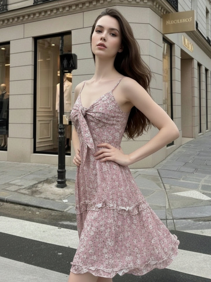 Pink Spaghetti Strap Front Tie-Up Dress