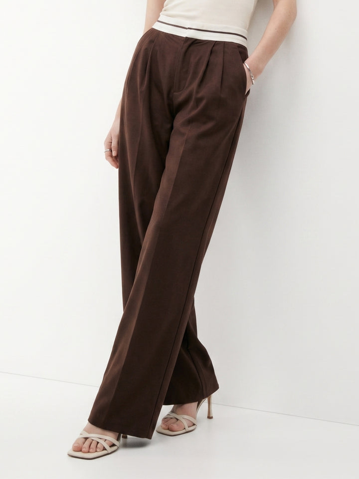 Brown Contrast Waist Band Pleated Wide Leg Trouser