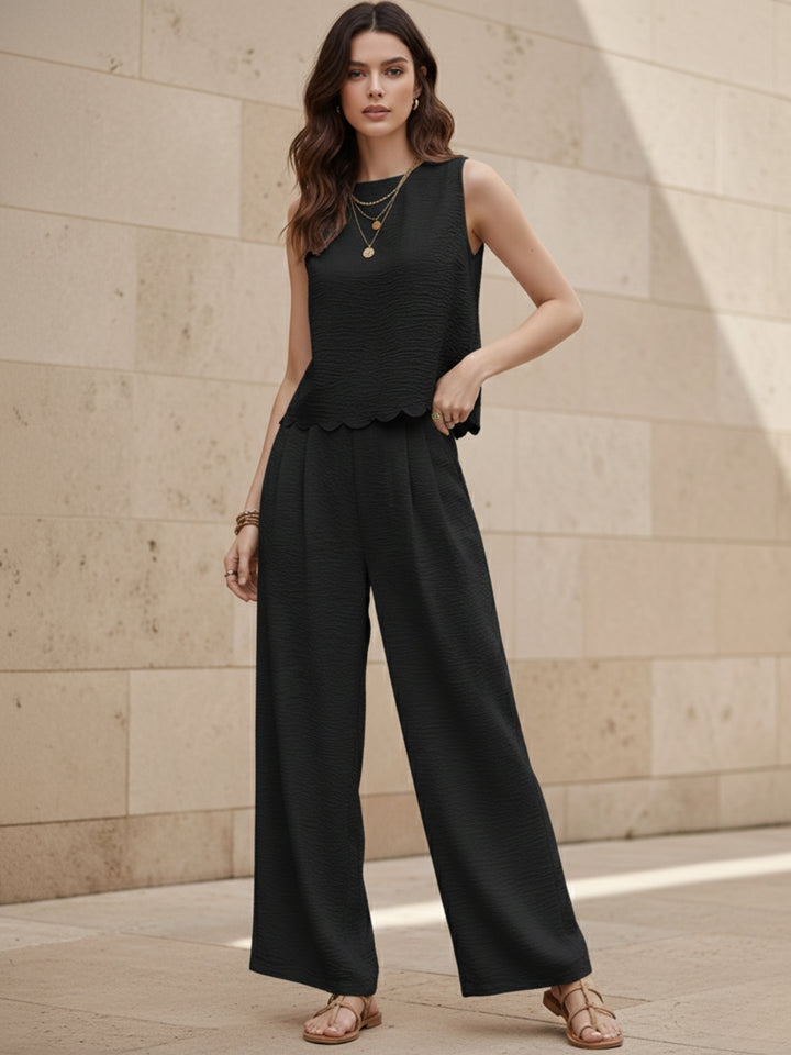Black Sleeveless Scallop Hem Back Tie Top Up And Pant Set