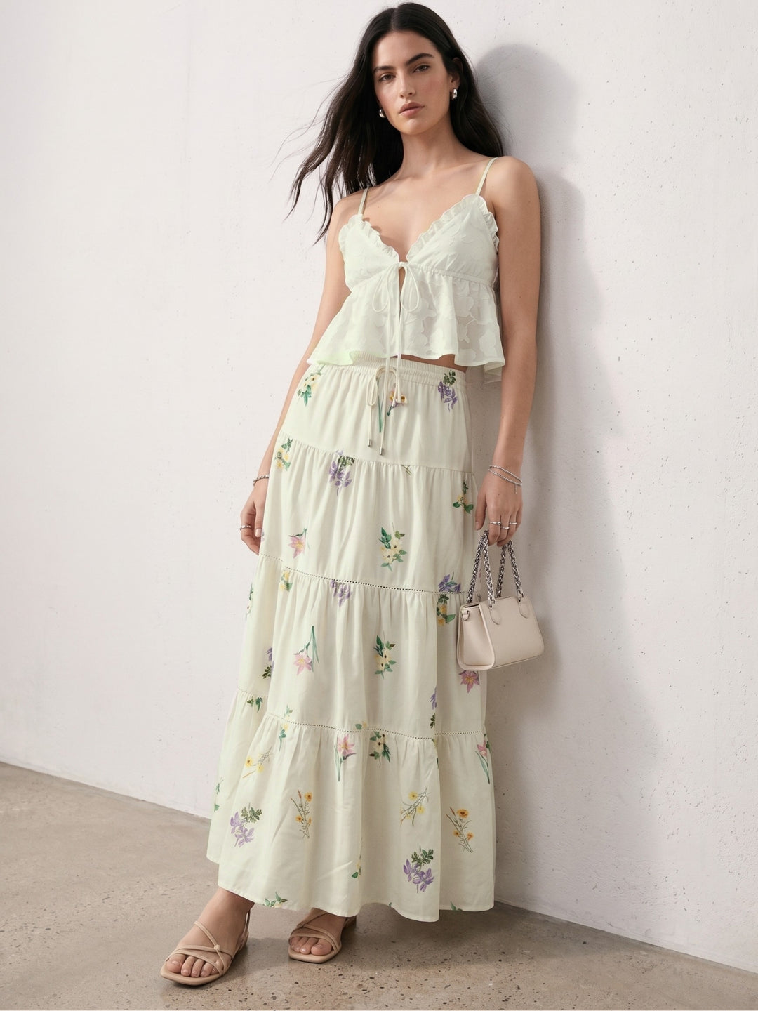 White Floral Print Tired Cotton Skirt With Lace Detail