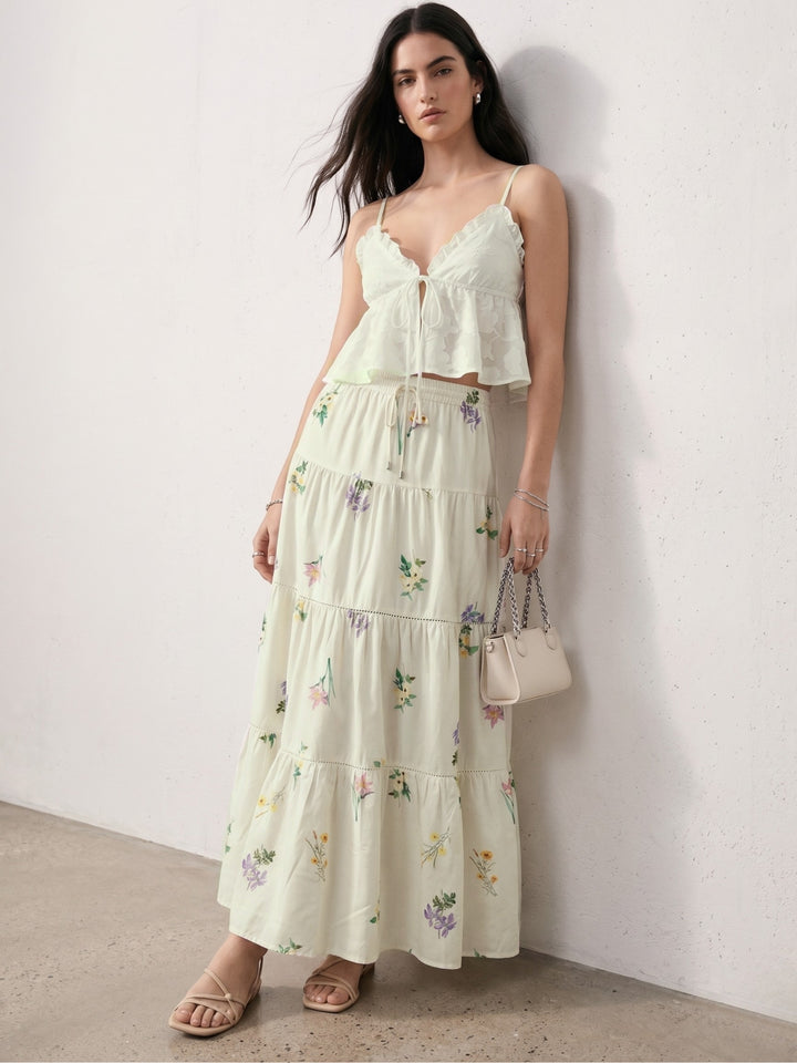 White Floral Print Tired Cotton Skirt With Lace Detail