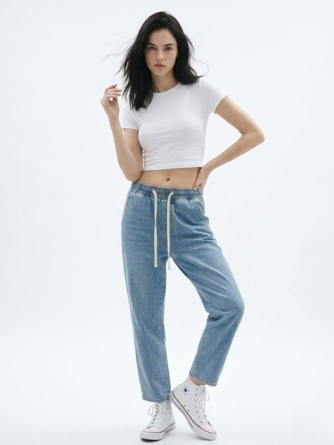 Blue Drawstring Wide Leg Denim