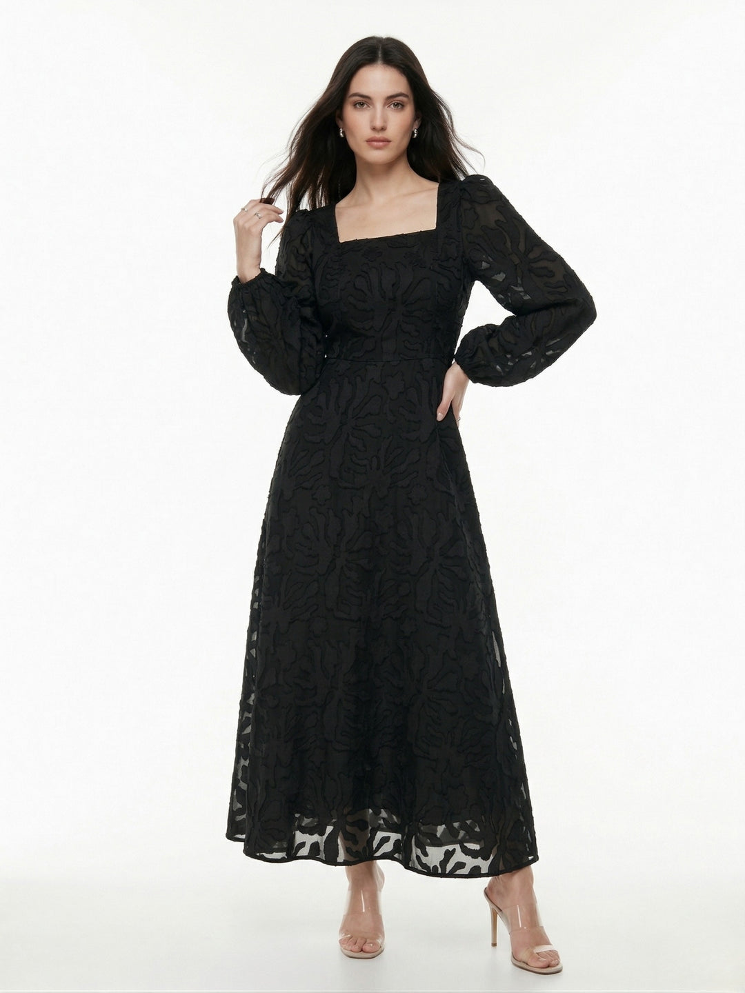 Black Square Neck Textured Floral Embossed Dress