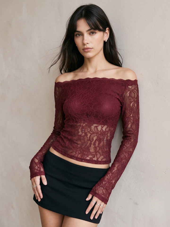Wine Off Shoulder Mesh Fitted Top