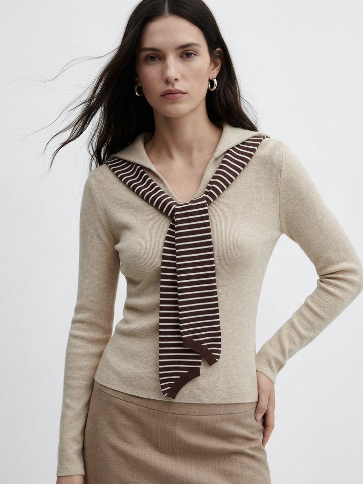 Cream Full Sleeve V Neck Tie Up Top