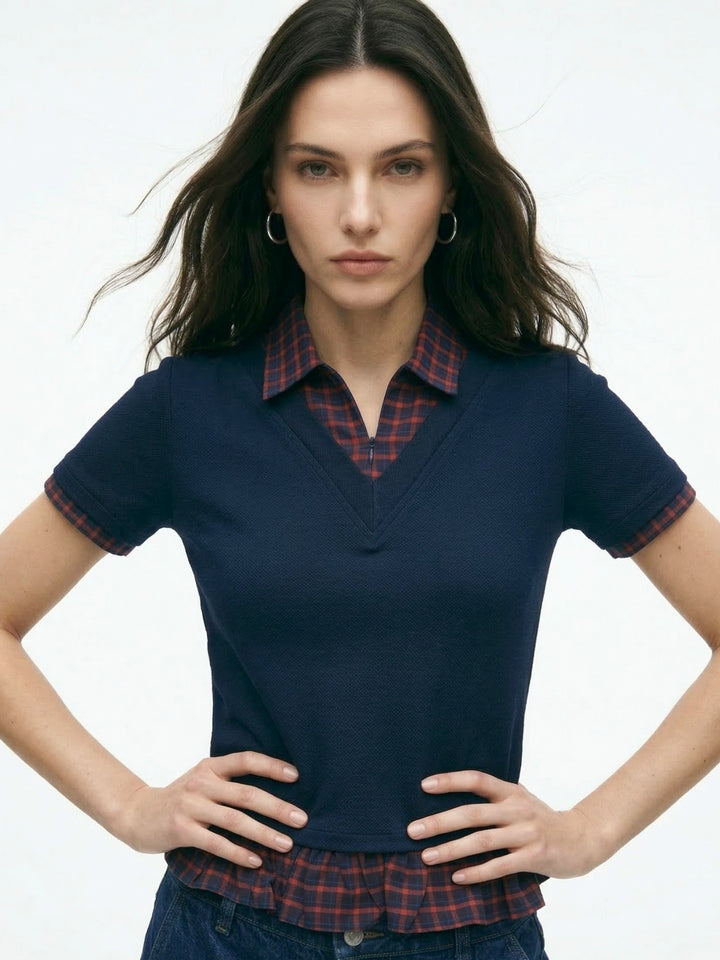 Navy V Neck Top With Checkered Collar And Ruffled Hem