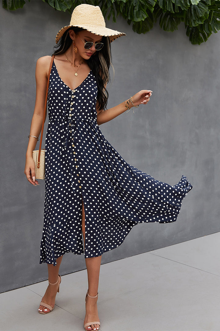 Navy Blue Front Buttoned Midi A-Line Dress