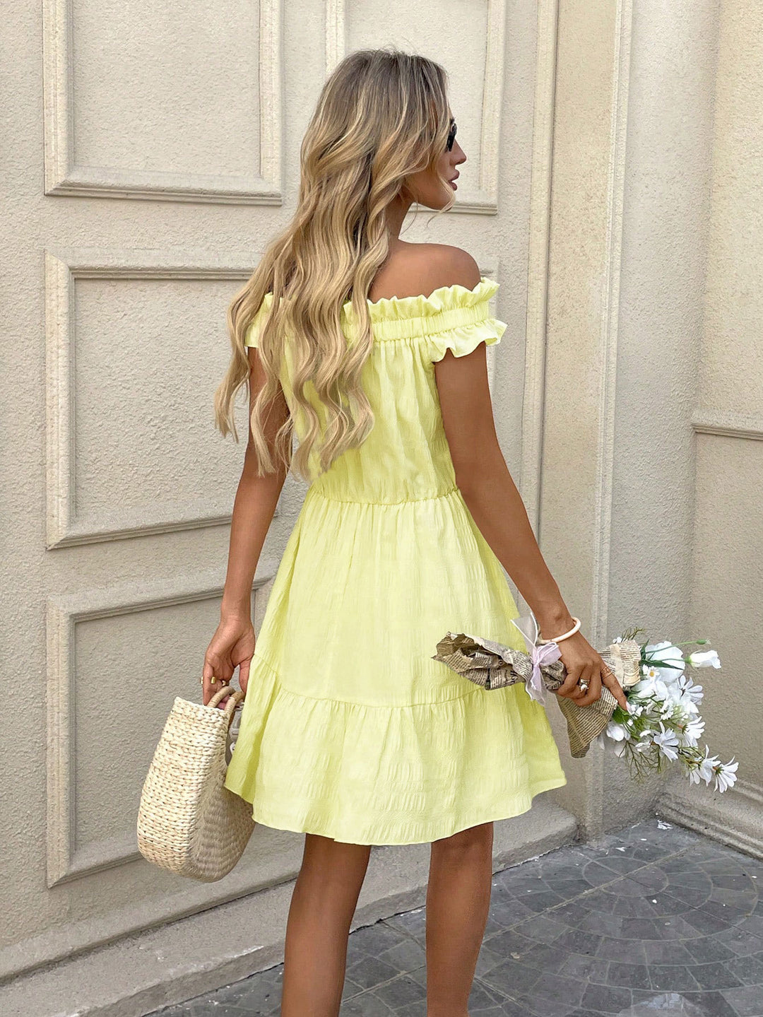Yellow Off Shoulder Tiered Dress