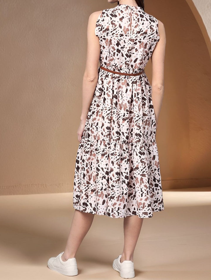 Off White Sleeveless Crew Neck Printed Waist Fitted Dress