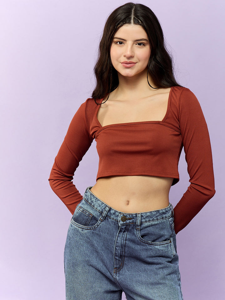 Solid Brown Square Neck CropTop