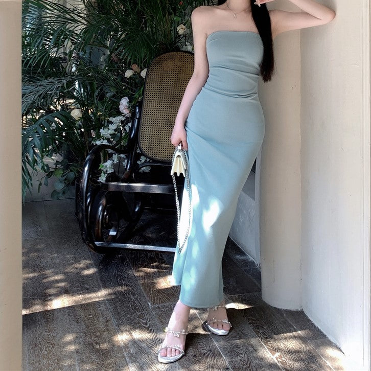 Blue Solid Tube Maxi Dress
