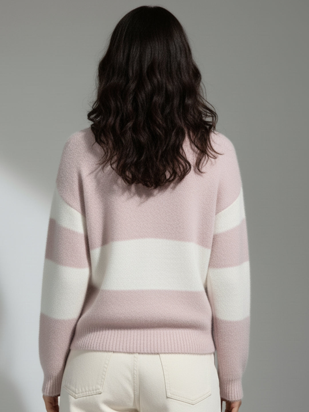 Pink Full Sleeve V Neck Striped Sweater