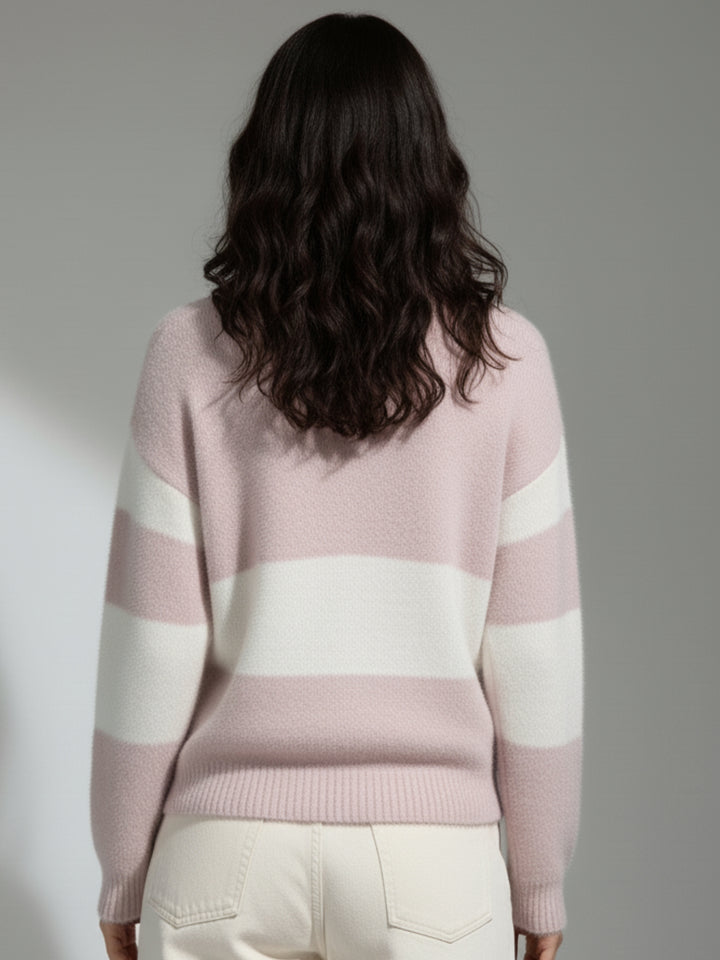 Pink Full Sleeve V Neck Striped Sweater
