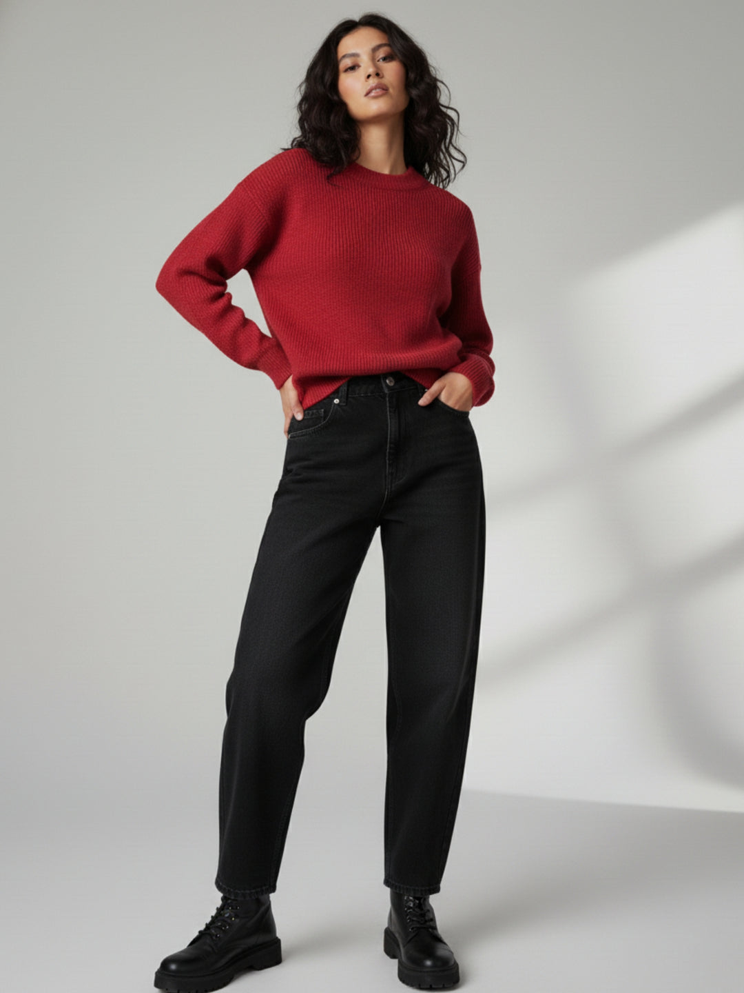 Red Full Sleeve Crew Neck Slouchy Sweater
