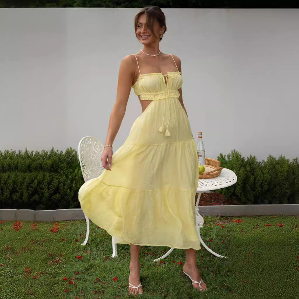 Yellow Noodle Strap Back Tie Up Dress