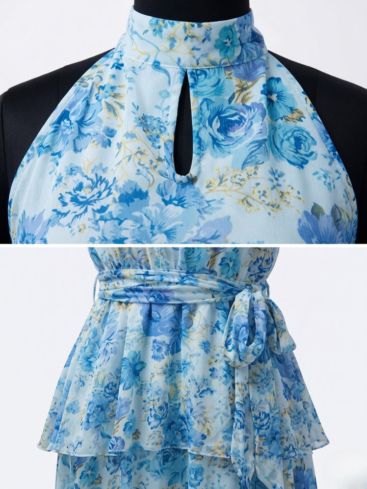 Blue Knee Length Asymmetric Hemline Tiered Printed Dress With Belt