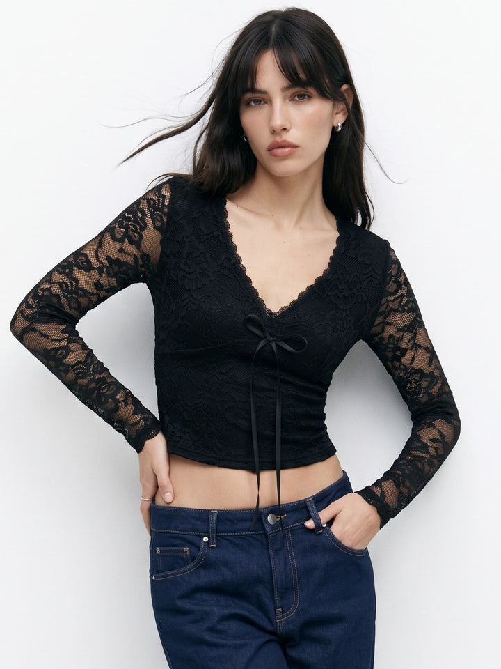 Black V Neck Sheer Lace Sleeved Top