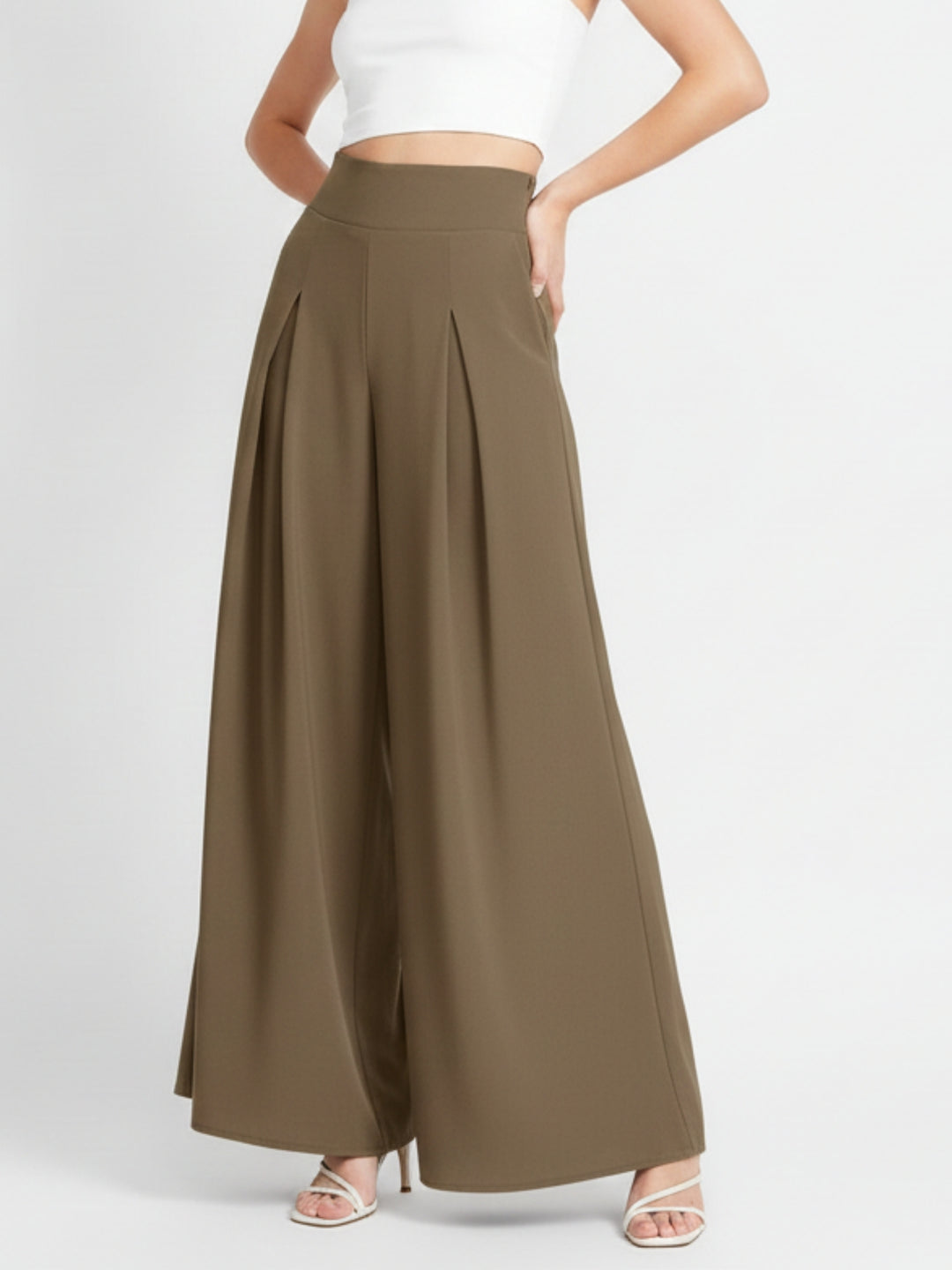 Brown High Waist Pleated Flared Trouser