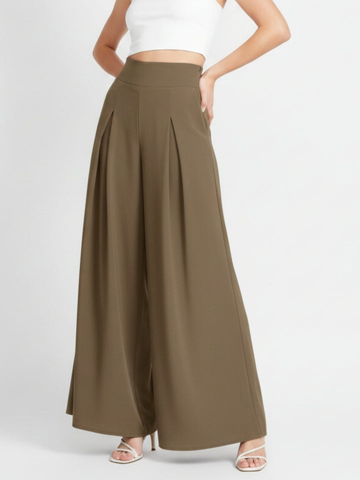 Brown High Waist Pleated Flared Trouser