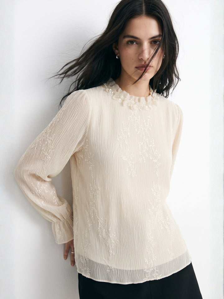 Off White High Neck Floral Lace Top With Sheer Sleeves