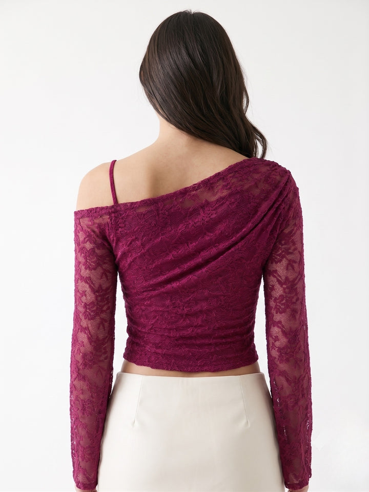 Maroon One Shoulder Bell Sleeve Lace Top