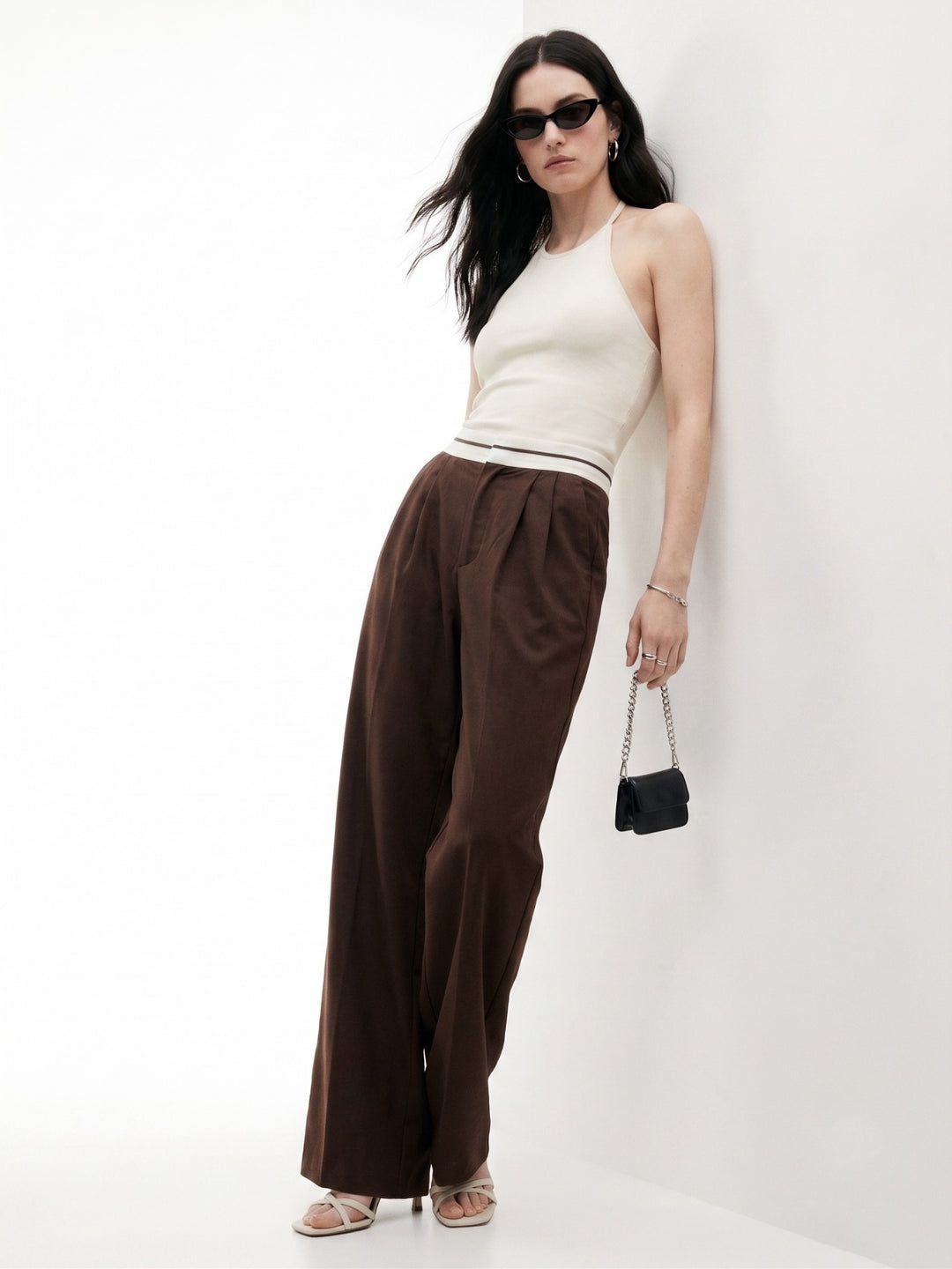 Brown Contrast Waist Band Pleated Wide Leg Trouser