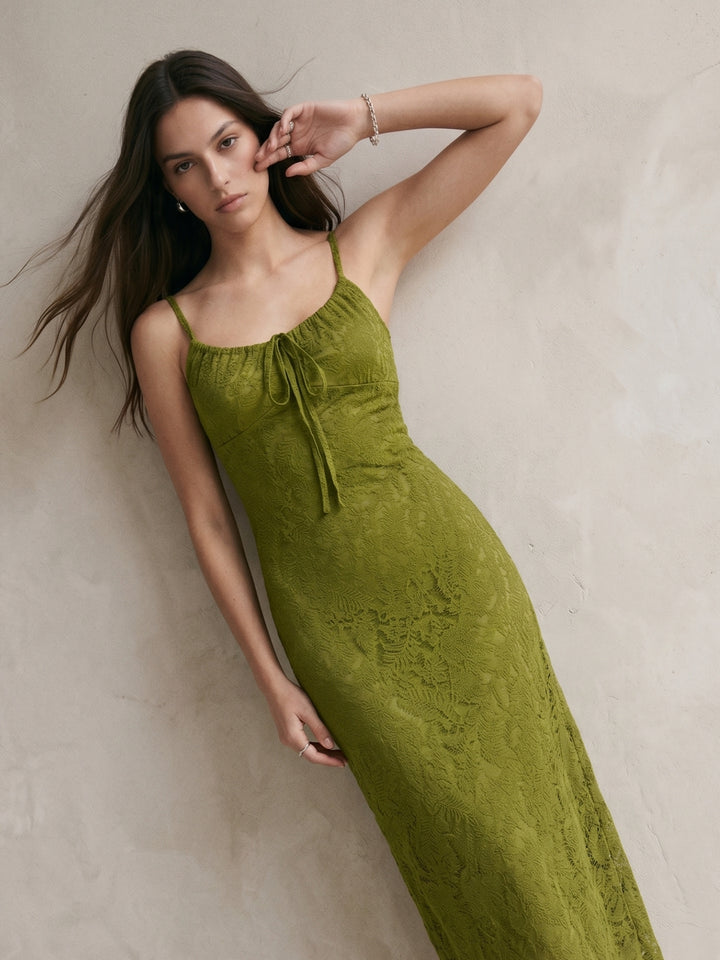 Olive Spaghetti Strap Lace Dress