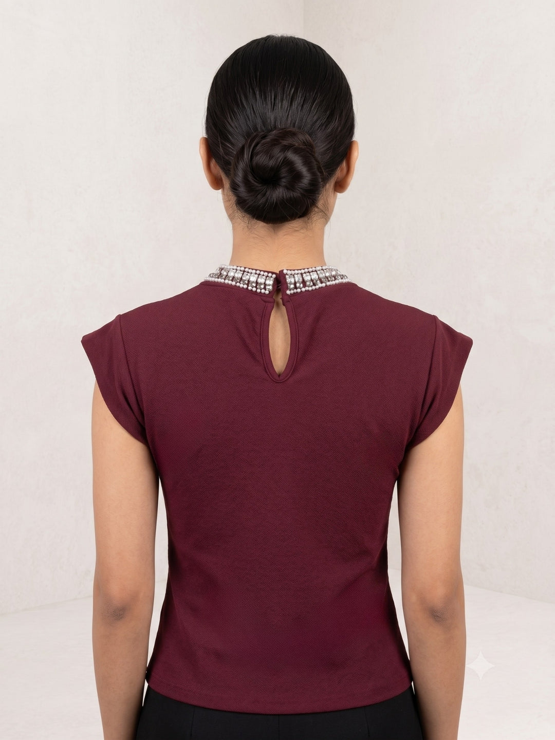 Wine High Neck Cap Sleeved Top With Layered Embellishments