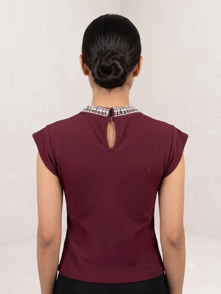 Wine High Neck Cap Sleeved Top With Layered Embellishments