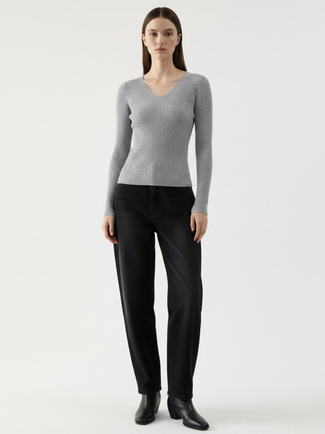 Grey Full Sleeve V Neck Fitted Top