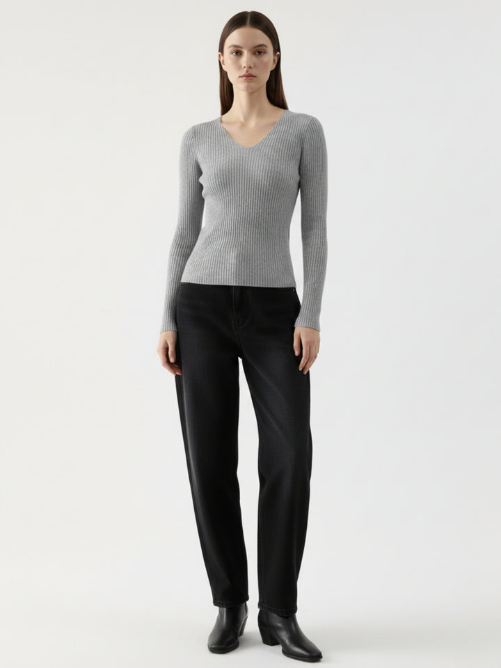Grey Full Sleeve V Neck Fitted Top