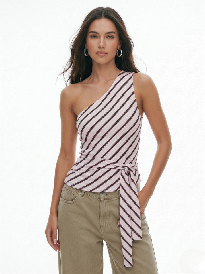 Pink One Shoulder Waist Tie-Up Top