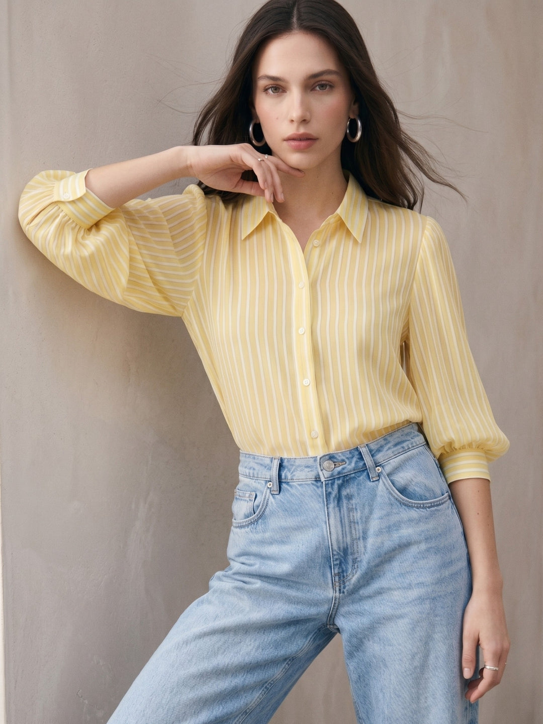 Yellow Striped Shirt With Balloon Sleeves