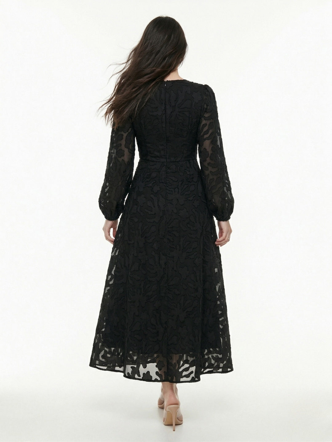 Black Square Neck Textured Floral Embossed Dress