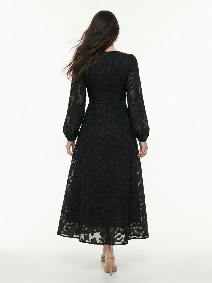 Black Square Neck Textured Floral Embossed Dress