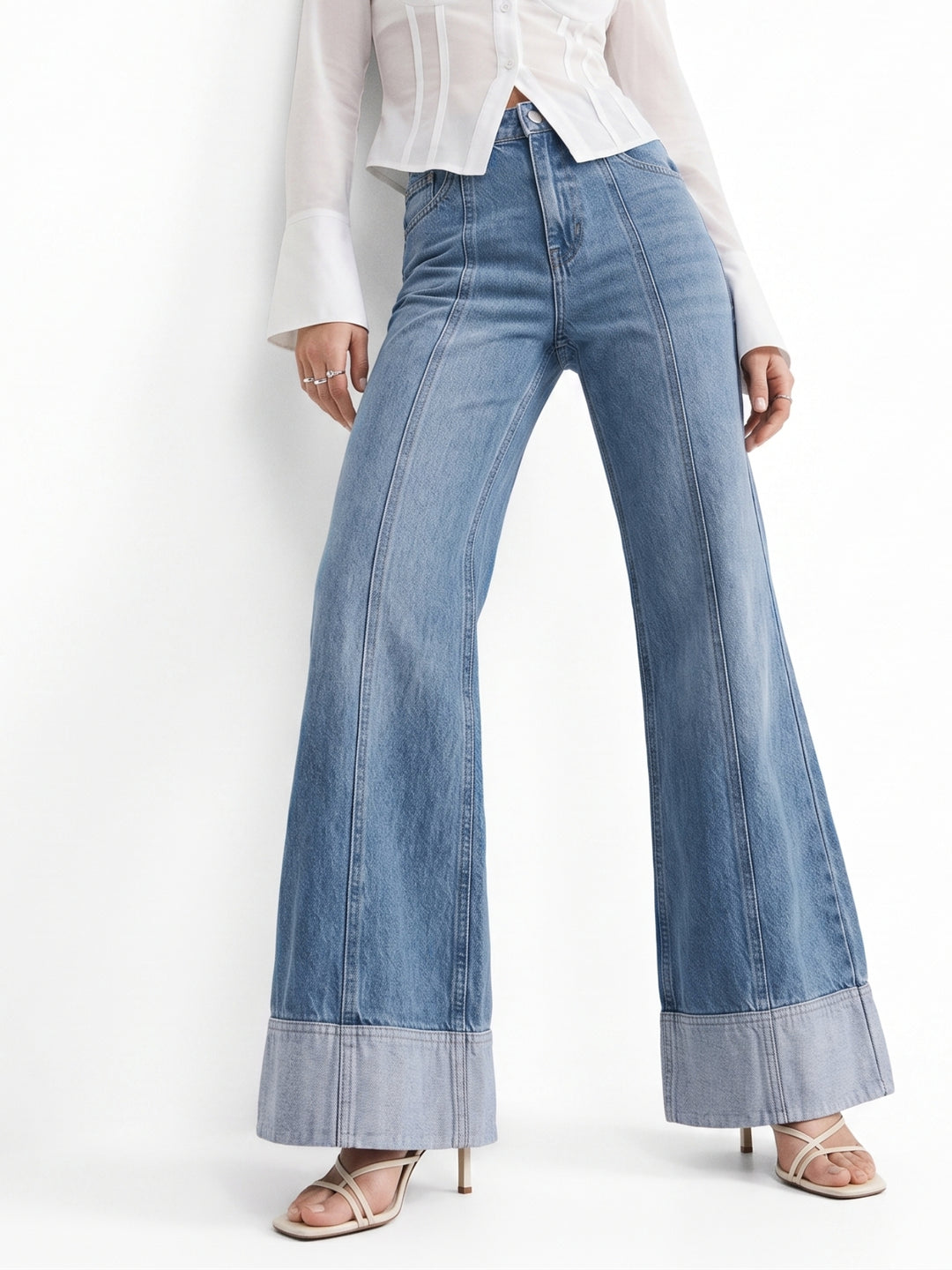 Blue Folded Hem Wide Leg Jeans