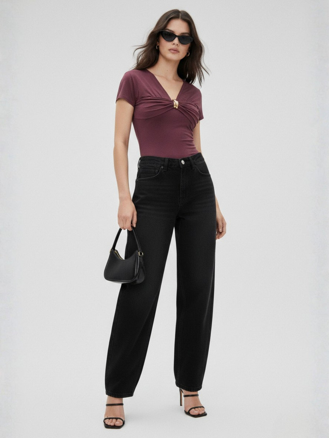 Wine Plunge Neck Top With Metal Buckle Detailing