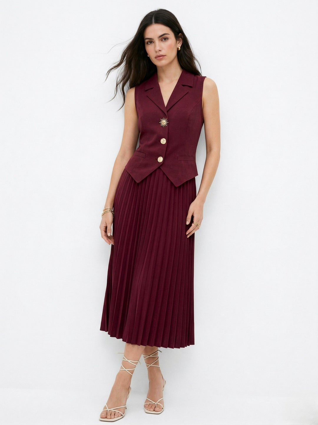 Maroon Sleeveless Vest And Skirt Set