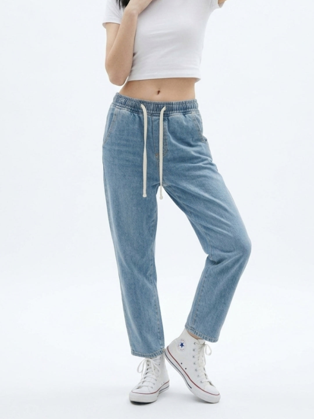 Blue Drawstring Wide Leg Denim