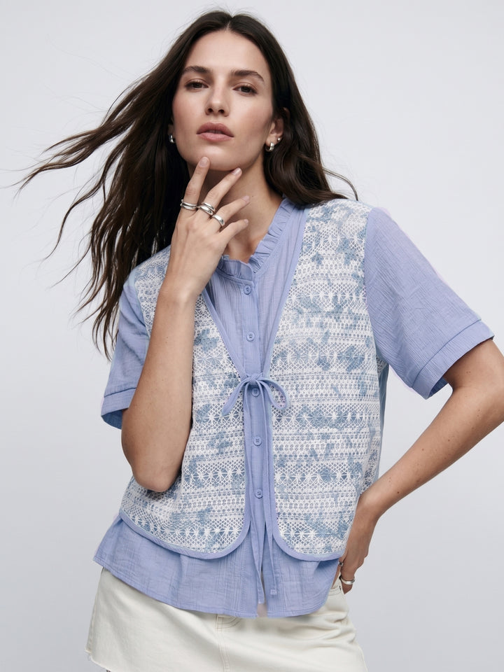Light Blue Ruffle Neck Front Tie-Up Layered Top