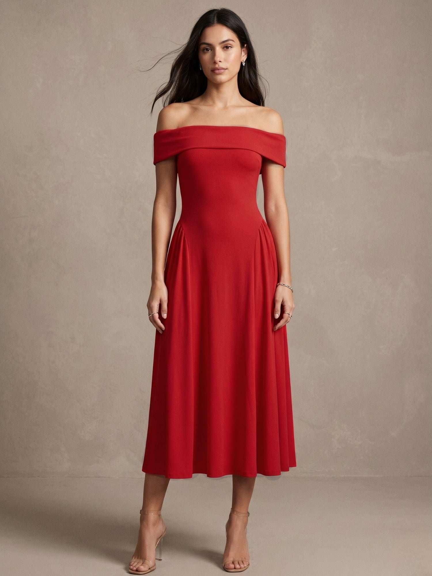 Red Off Shoulder Tailored Flouncy Dress