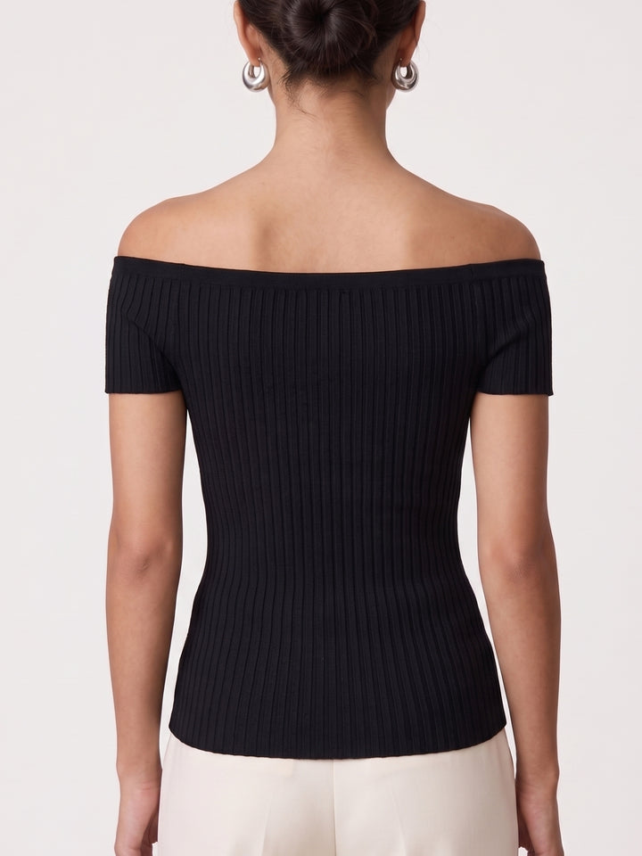 Black Off-Shoulder Fitted Rib Textured Top
