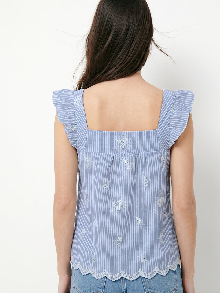 Light Blue Ruffle Sleeve Scallop Edge Floral Embroidery Top