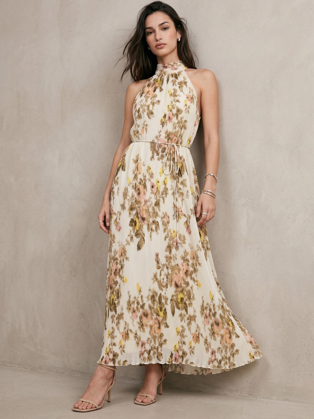 Beige Black Halter Neck Floral Printed Dress