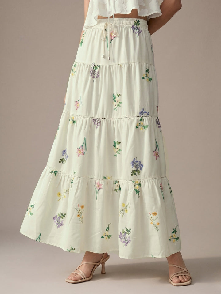 White Floral Print Tired Cotton Skirt With Lace Detail