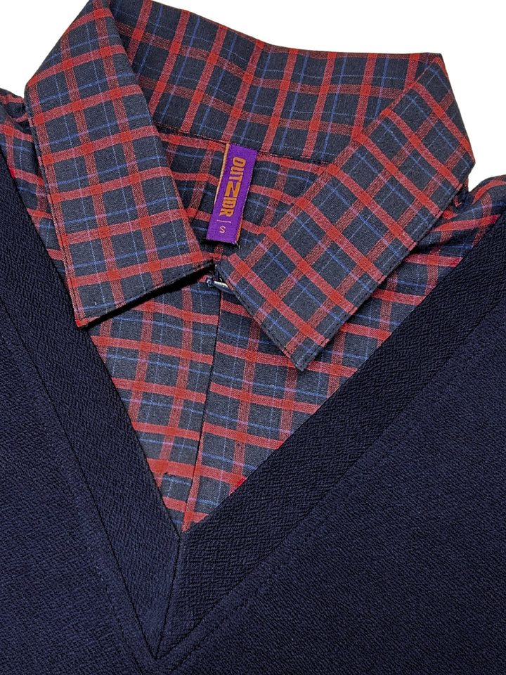 Navy V Neck Top With Checkered Collar And Ruffled Hem