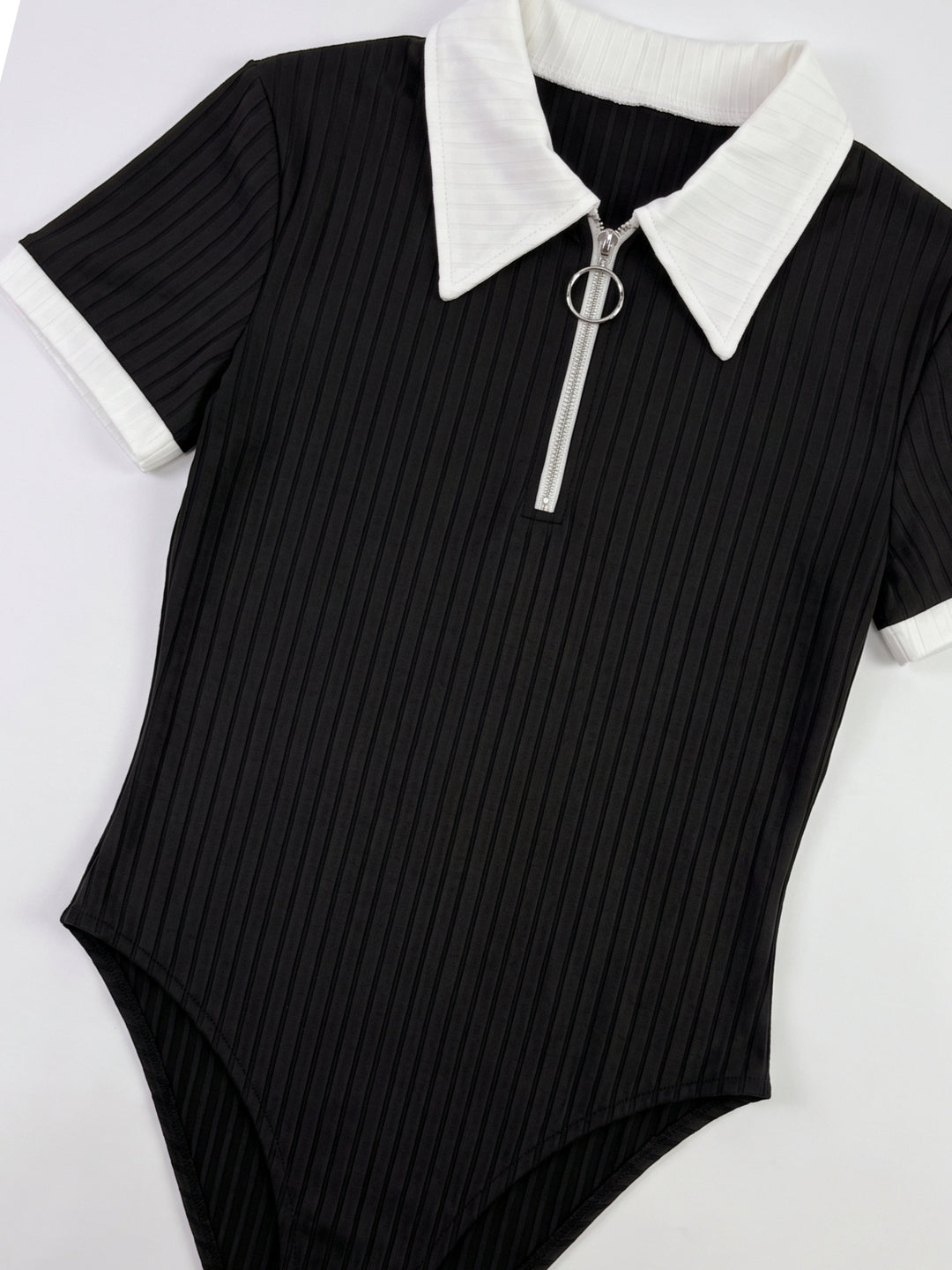 Black Zip Up Contrast Collared Bodysuit