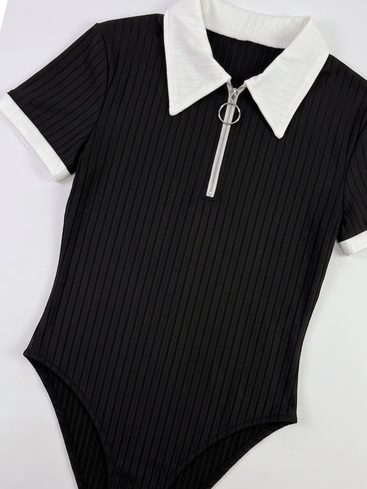 Black Zip Up Contrast Collared Bodysuit