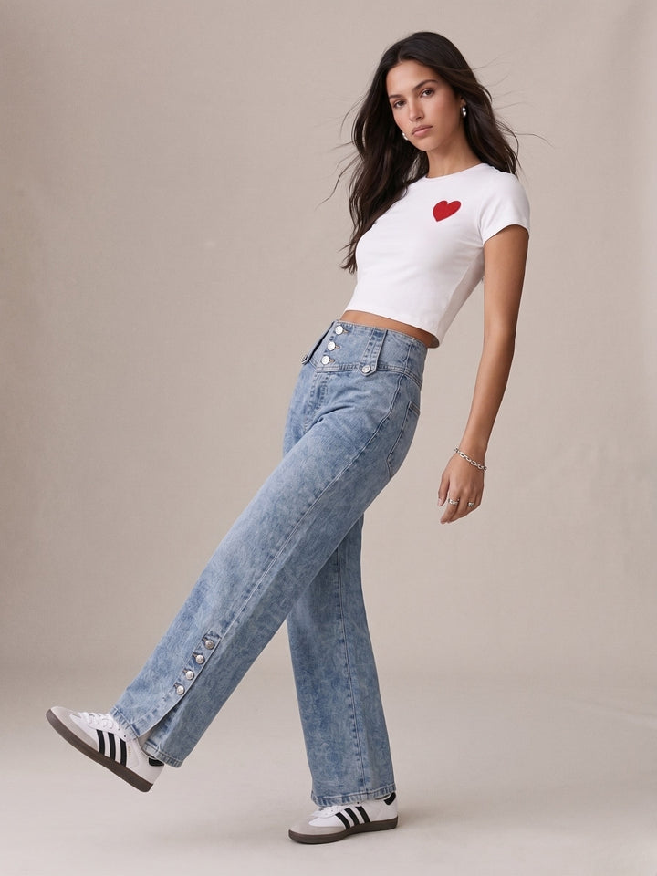 Blue Wide Waistband With Lower Side Slit And Buttons
