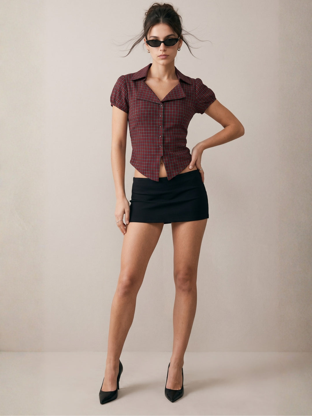 Wine Checkered Fitted Button Down Shirt With Back Belt Detail